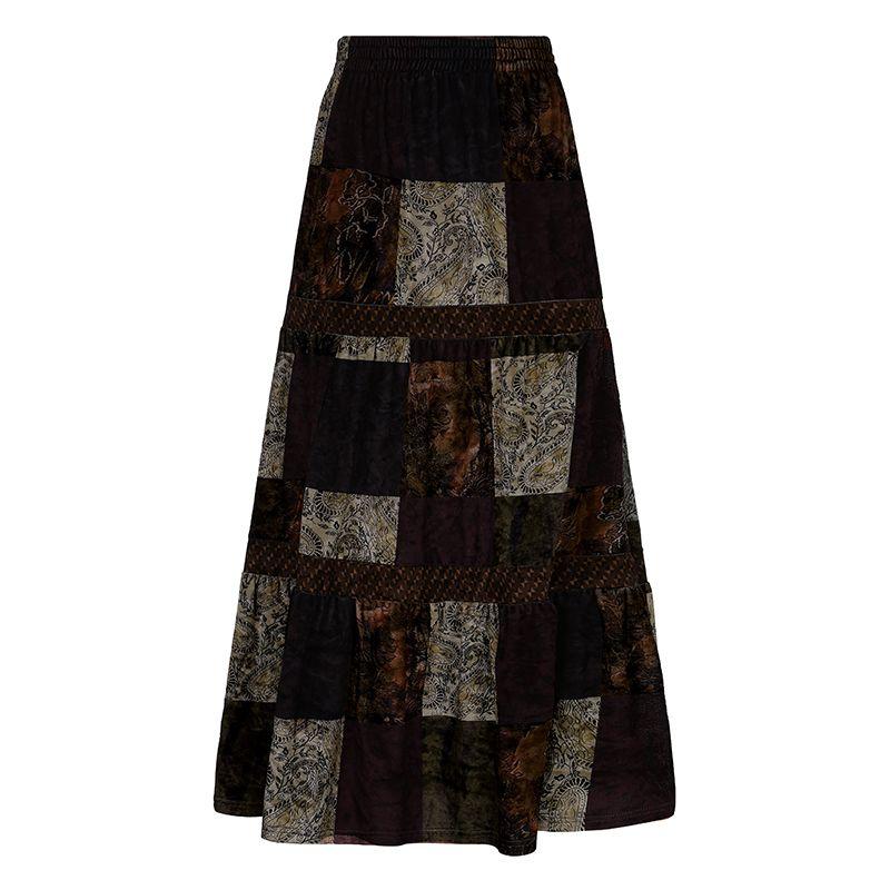 

Vintage Style Patchwork Contrast Color Totem Print Skirt Brown L