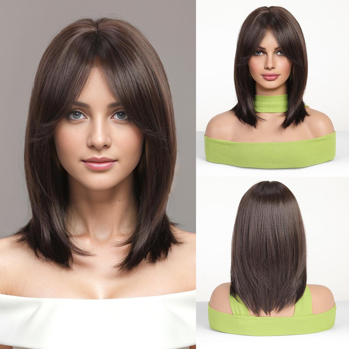 

ALAN EATON Ombre Черный Коричневый Блондинка Прямые волосы парики с челкой Короткие синтетические парики для женщин Косплей Термостойкое волокно