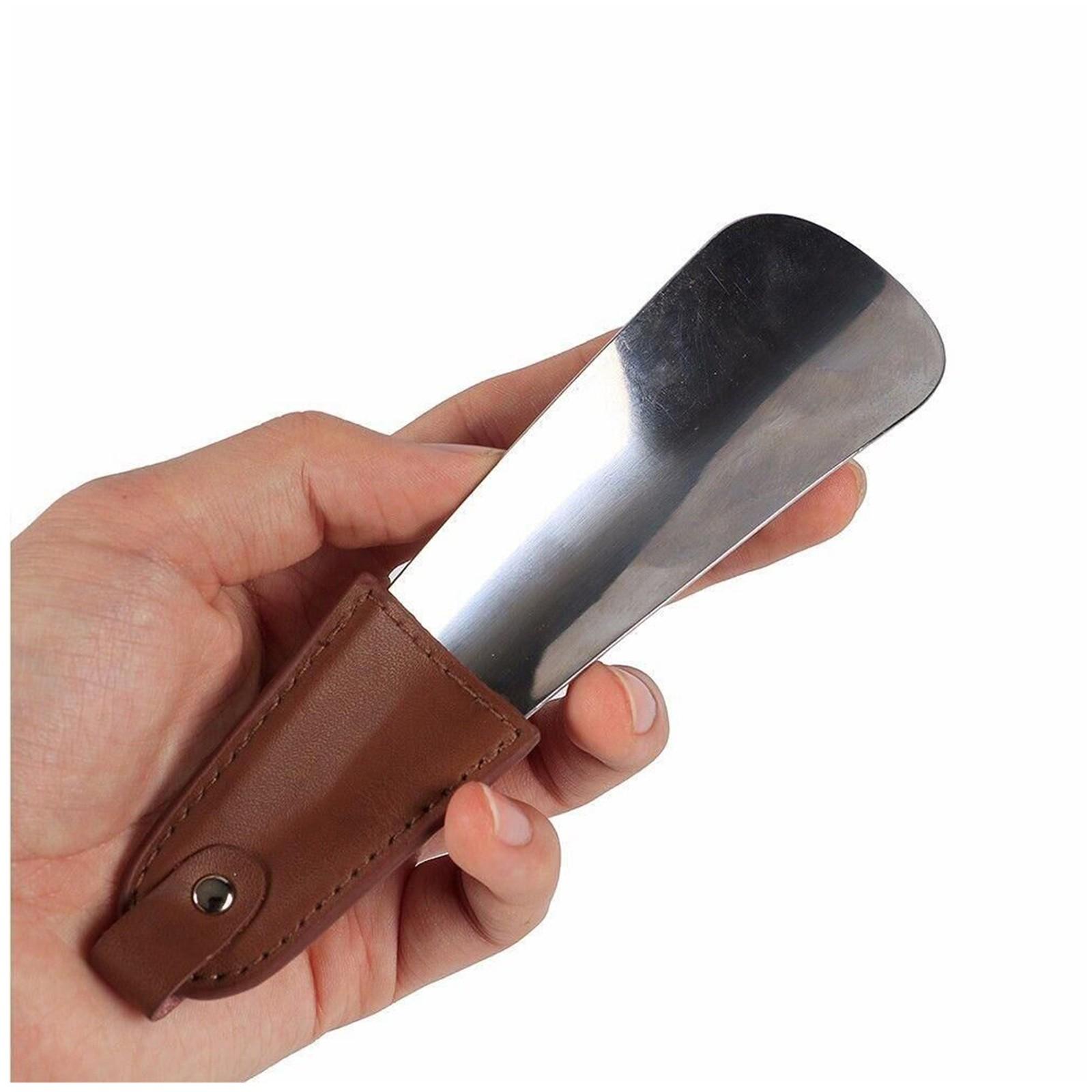 

Рожок для обуви из нержавеющей стали с кожаным ремешком, дорожный рожок для обуви коричневый