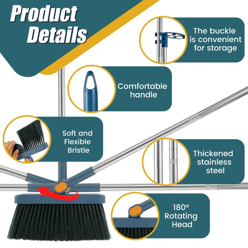 Folding Broom Dustpan Floor Brush Set Long Handle 180°Rotating Floor Broom Squeegee Dustpan Set Durable Home Clean Tools