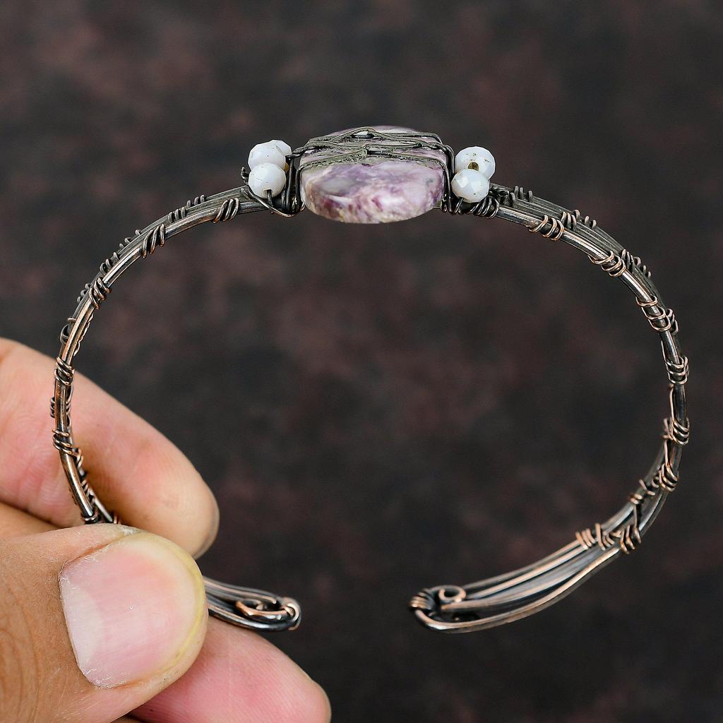 Charoite Cuff Bracelet Blue Lace Agate Beads Bangle Wire Wrap Jewelry Adjustable Bangle Copper Wire Wrapped Bangle Handmade Gemstone Jewelry