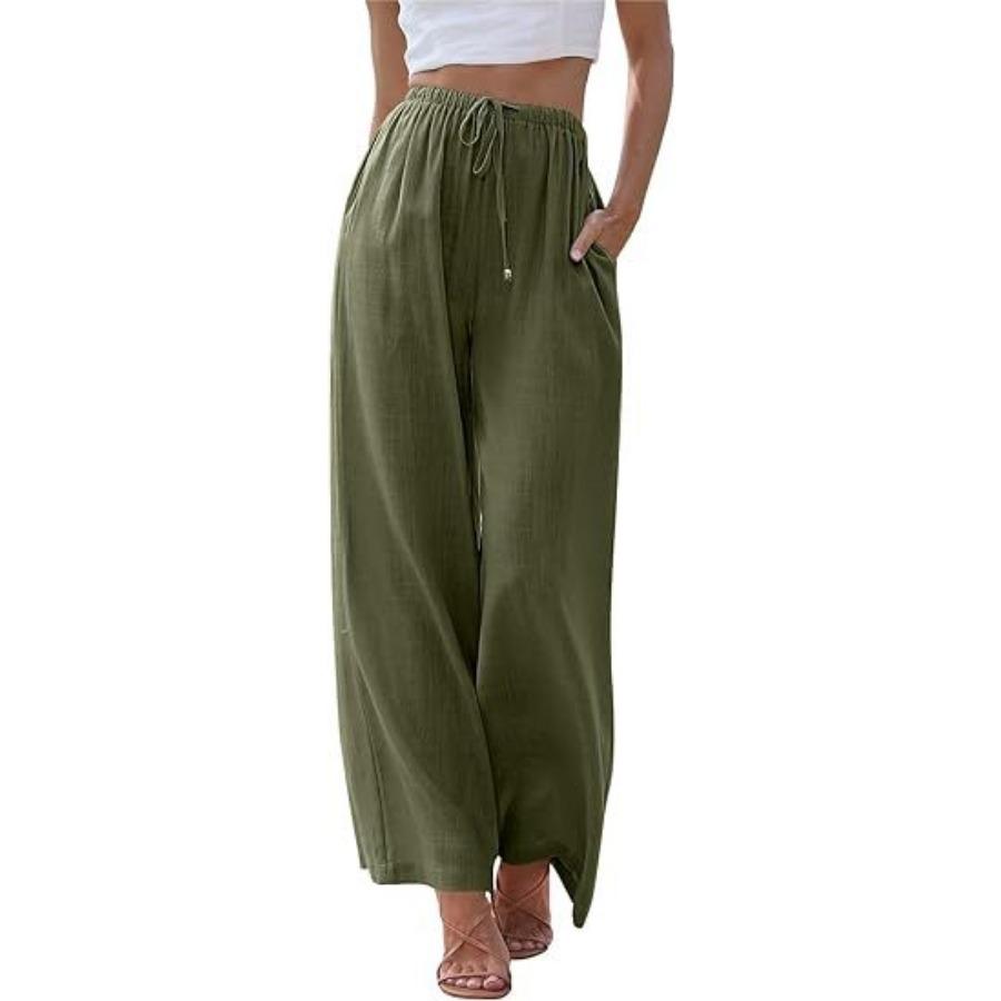 Pantaloni di grandi dimensioni da donna in cotone e lino, pantaloni larghi con elastico in vita, casual, con coulisse e tasche, a gamba larga