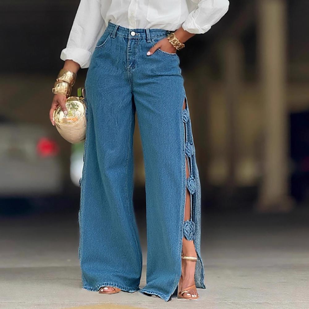VIONA Women's Vintage Blue Denim Wide Leg Jeans Blue Side Slit Flower Braided Trim Button High Waist Pants Streetwear Chic Long Jeans