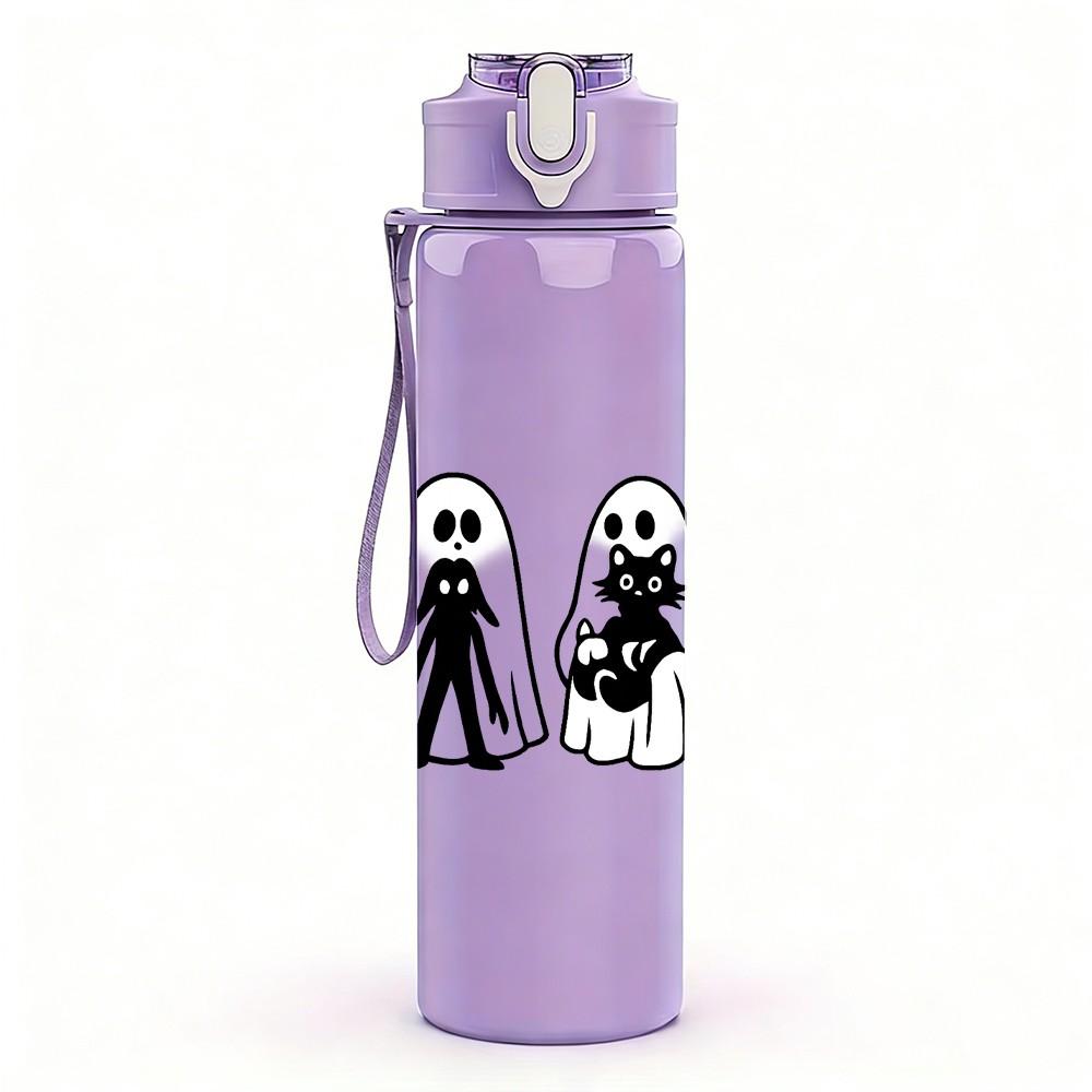 1PC Three White Ghost Line Art 750ml Color Plastic Sports Water Bottle Leakproof Flip Straw Lid Suitable for Sports Office Home Use