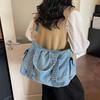 Vintage Denim Shoulder Bag Large Capacity Multi-pocket Travel Storage Tote Women Wide Shoulder Strap Rivet Design Crossbody Bag