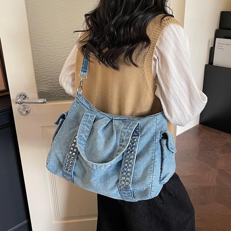 Vintage Denim Shoulder Bag Large Capacity Multi-pocket Travel Storage Tote Women Wide Shoulder Strap Rivet Design Crossbody Bag