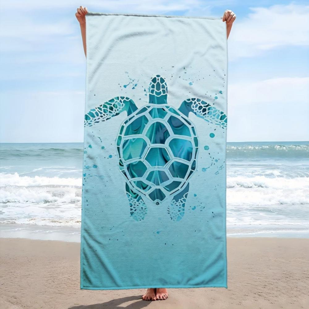 Gradient Teal Blue Wave Line Art Turtle Print Beach Towel Lightweight For Summer Pool Beach Daily Outdoor Use