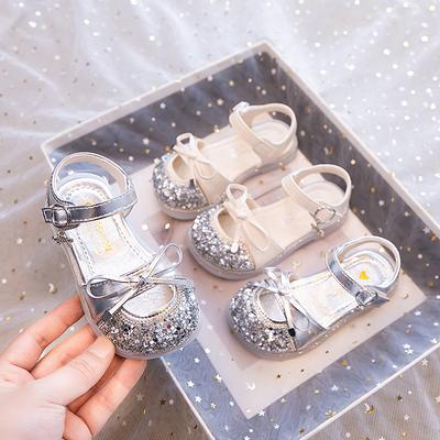 Girls Half Sandals Toes Capped Kids Princess Shoes Shiny Sequins 2025 Summer New Children Beach Shoes Round Toes Simple Bows