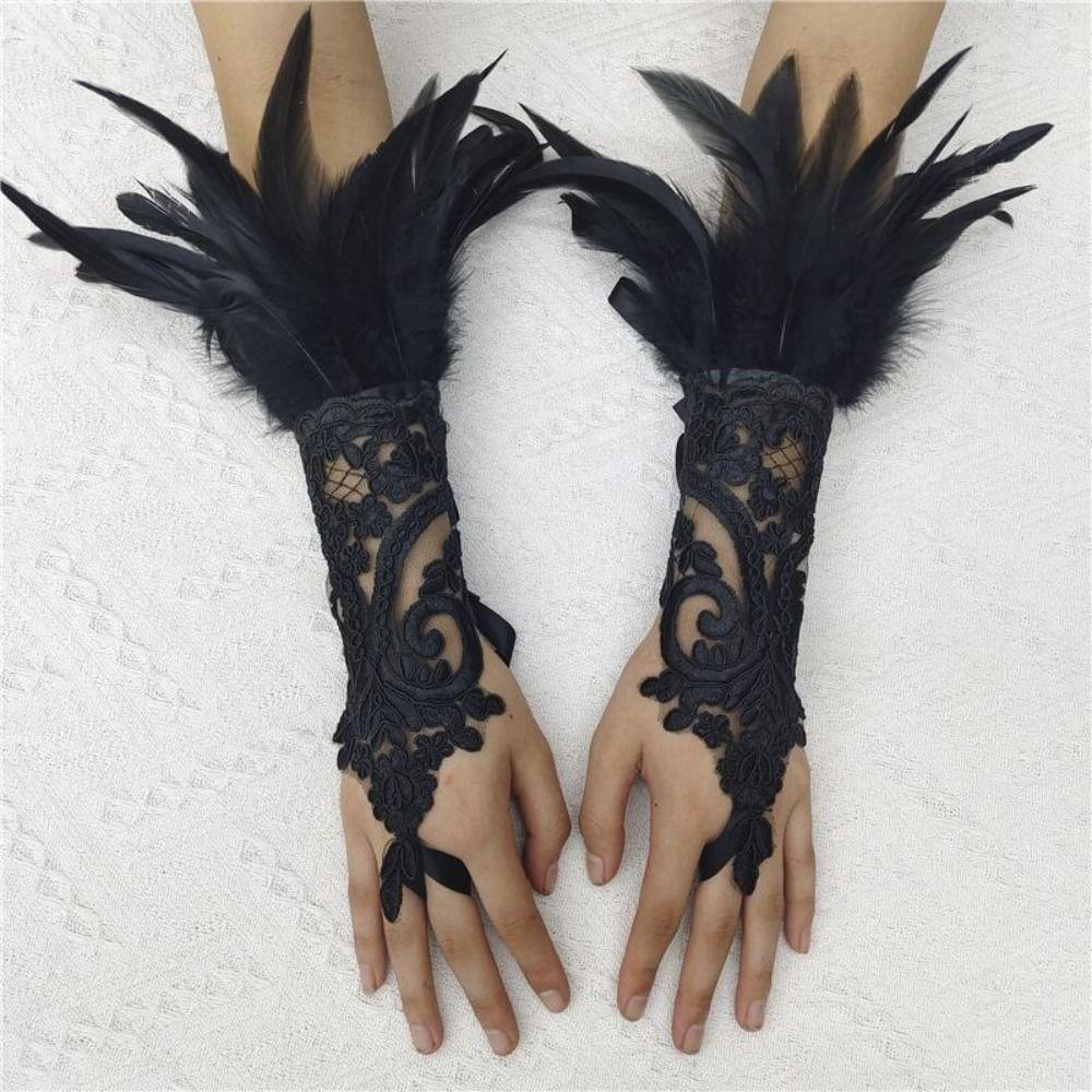 1PC Embroidery Feather Long Gloves Lace Wedding Gloves Gothic Mesh Sleeve  Party Wear