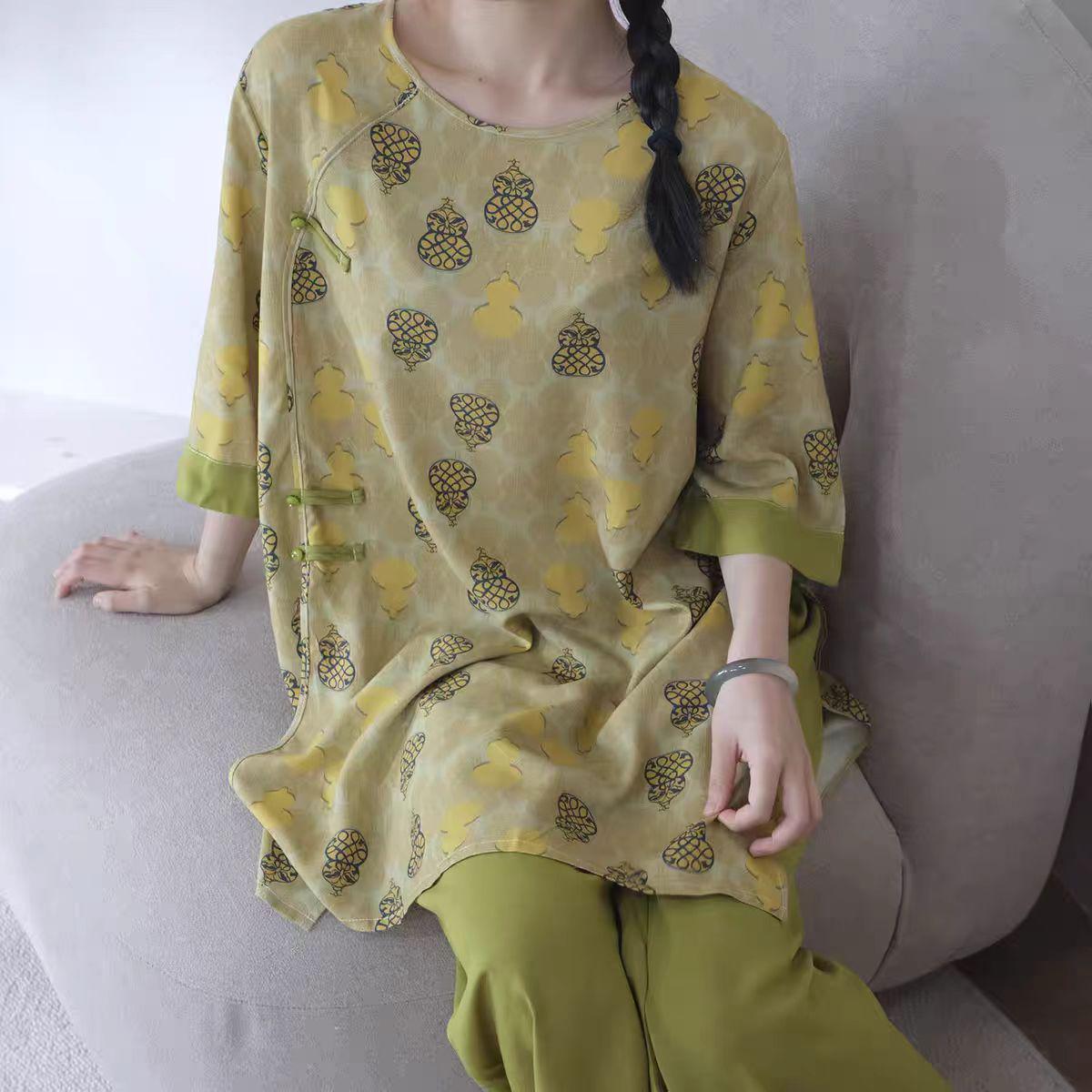 

Summer Retro Chinese Style Lyocell Cotton Mid-Sleeve Pajama Set for Women One Size Fits 85-160 cm