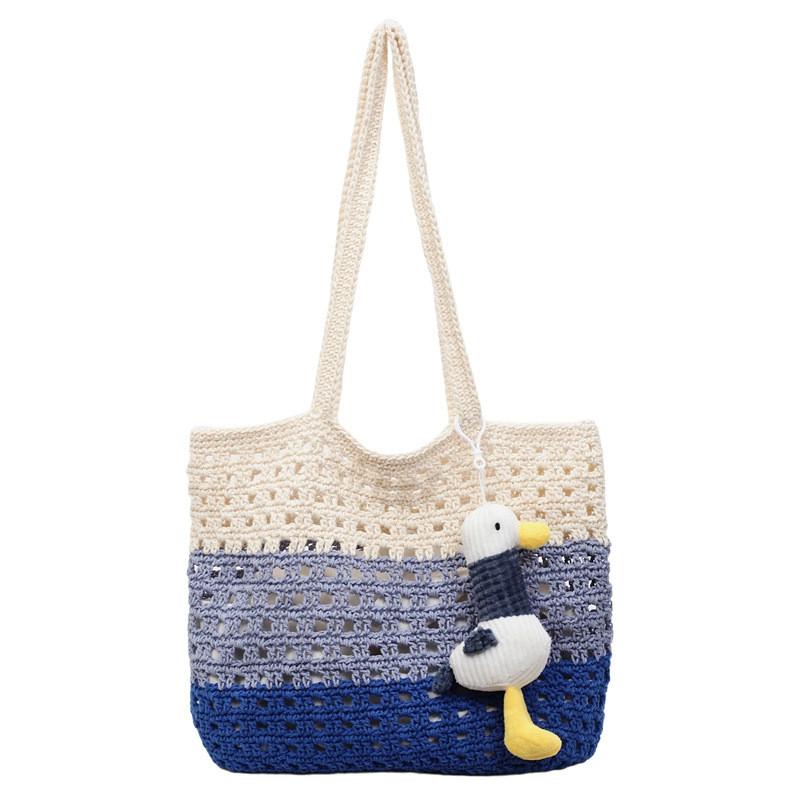 IELGY Ladies Tote Bag - Contrasting Color Woven Fabric, Lightweight for Seaside Vacations Single