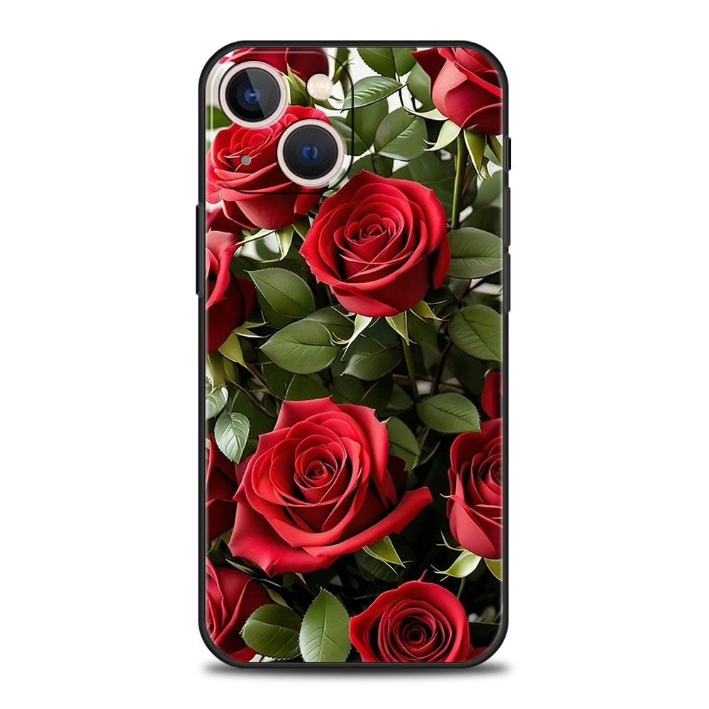Luxury Phone Case For Apple iPhone 11 15 14 Pro MAX 12 13 7 8 Plus X XR XS MAX SE Black Cover Funda Beautiful Red Rose Flowers