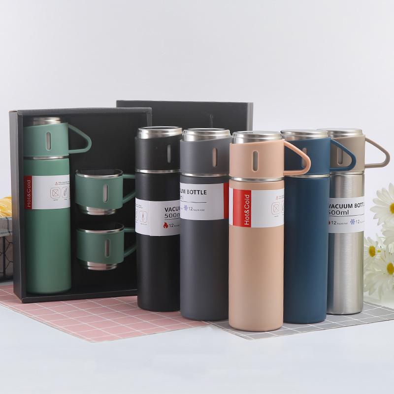 New 304 Stainless Steel Thermos Cup Set with One Cover, Multi-purpose Handle, Portable Cup, Business Office Three-piece Water Cup Set
