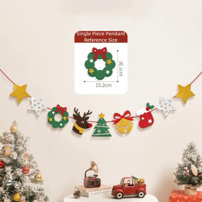Felt Christmas Banner Elk Design Red Green Xmas Pull Flag Santa Design Hanging Ornament Hanging Bunting New Year Party