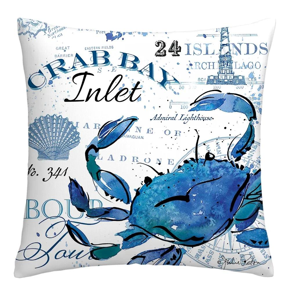 Blue Marine Organism Printed Pattern Polyester Cushion Cover for Home Living Room Sofa Decorative Pillowcase