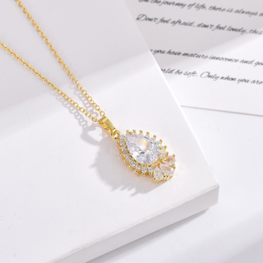 Minimalist Water Drop Zircon Jewelry Set: Pendant Clavicle Necklace, Stud Earrings, Adjustable Pear-Shaped Ring