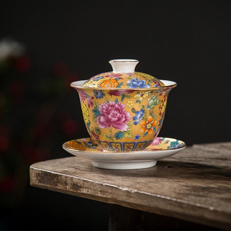 

150ml Palace Luxury Enamel Ceramic Cover Bowl Hand drawn Flower Pattern Travel Tea Set 9.4x9cm 150ml