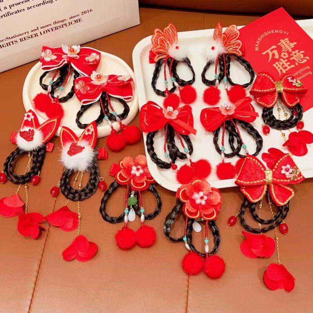 

1 pair Tassel Chinese New Year Headwear Braid Hair Hanfu Hair Sticks Lovely Red Bow Hairpins Girls