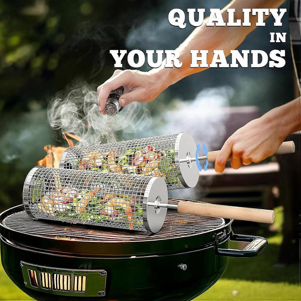 Rolling Grill Basket 2Pcs, Removable Wooden Handle, 304 Stainless Steel, Outdoor Kitchen Grill Accessories for Vegetables, Garden Camping Gadgets for 