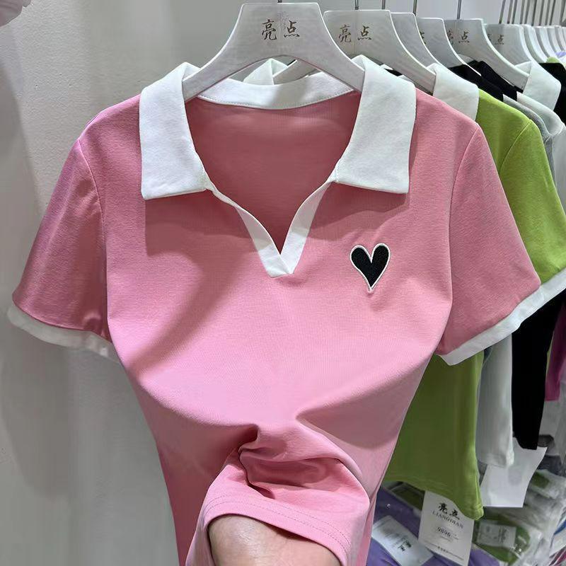 

Large Size Women s Summer Top Small Shirt Fat Sister Waist Thin Short Sleeve T-shirt 2XL розовый