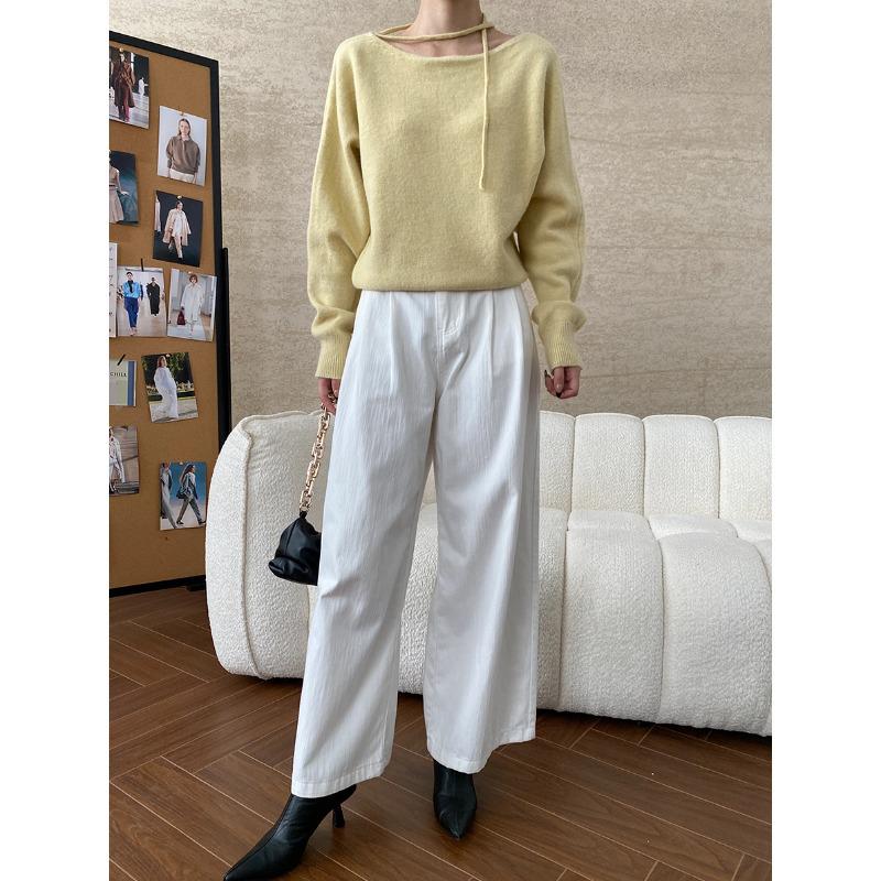 

Синан французский стиль одно плечо свободный трикотажный свитер SN6767 жёлтый