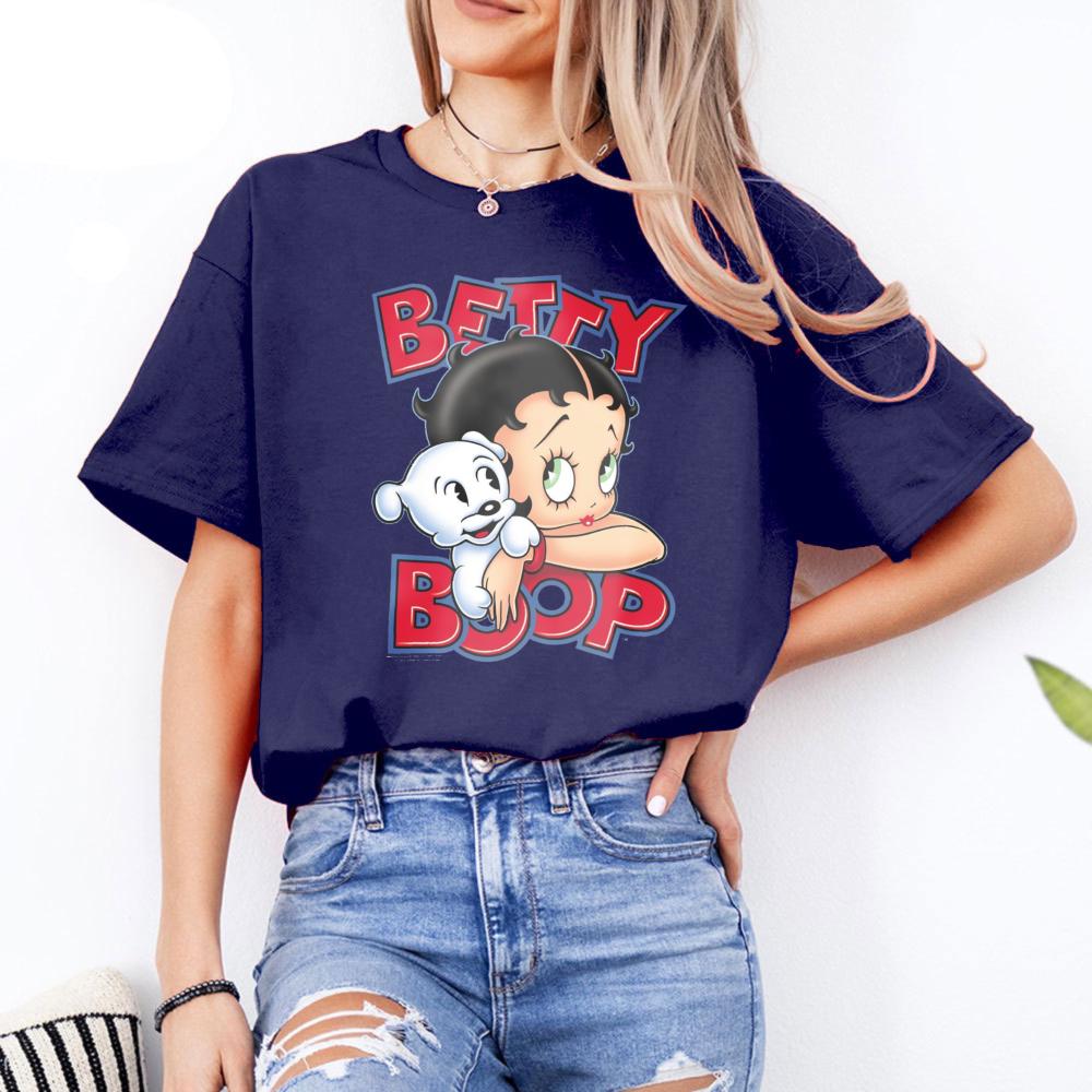 Betty Boop with Pudgy Dog Shirt Vintage Women Summer Cotton Short Sleeve Retro Cartoon Girl Graphic Printed Casual Daily Outfit