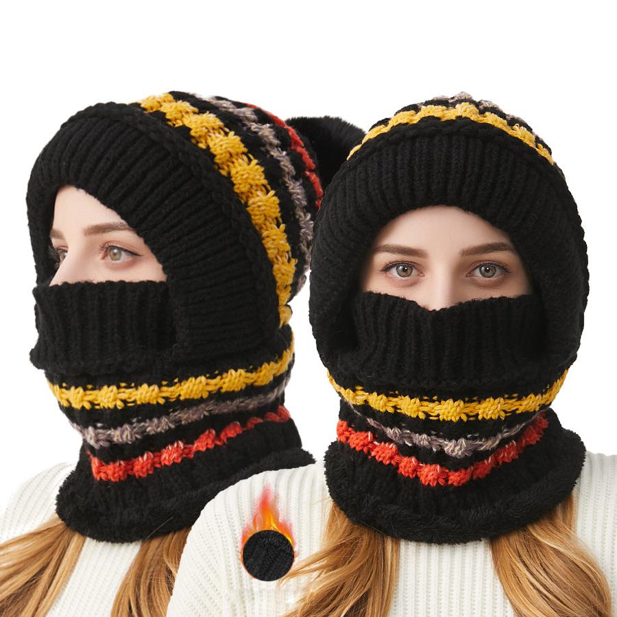 Thick Knitted Hat Scarf Mask One-Piece Hat Women's Winter Outdoor Velvet Warm Mask Scarf All-In-One Hat