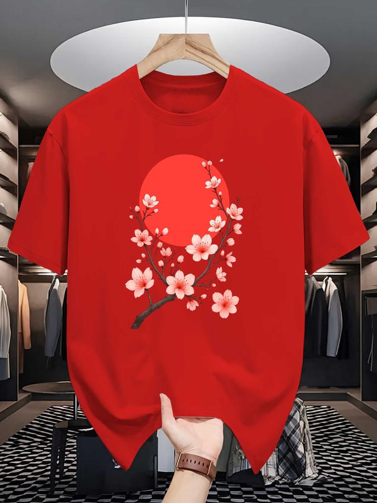 Unisex Yellow Tee Oriental Plum Blossom Floral Sun Graphic Print Crew Neck Short Sleeve Summer Casual Male Cotton Street Top