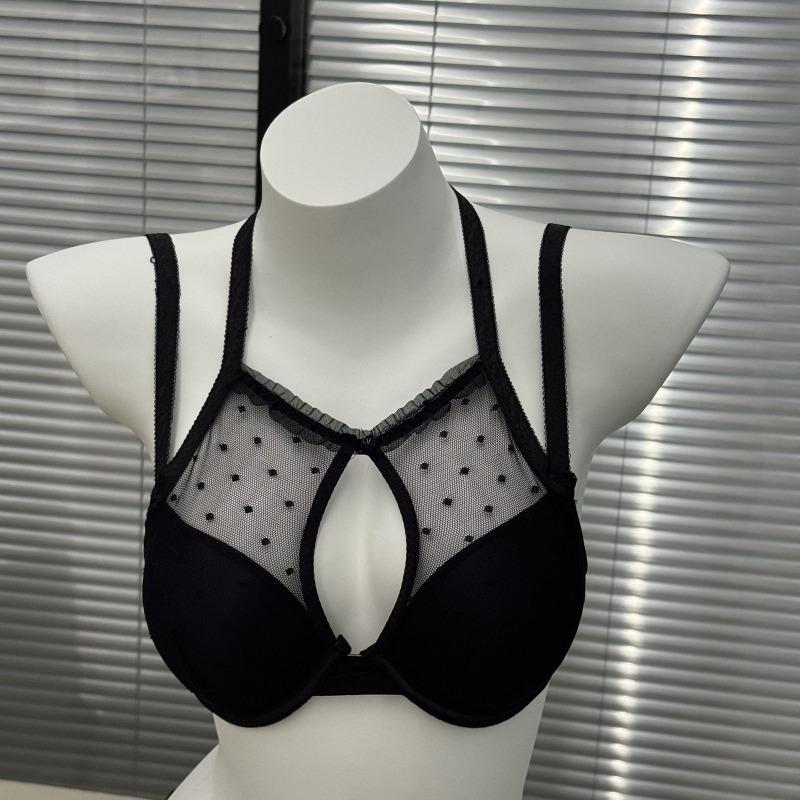 Black Polka Dot Mesh Bra with Halter Neck and Cutout Detail S