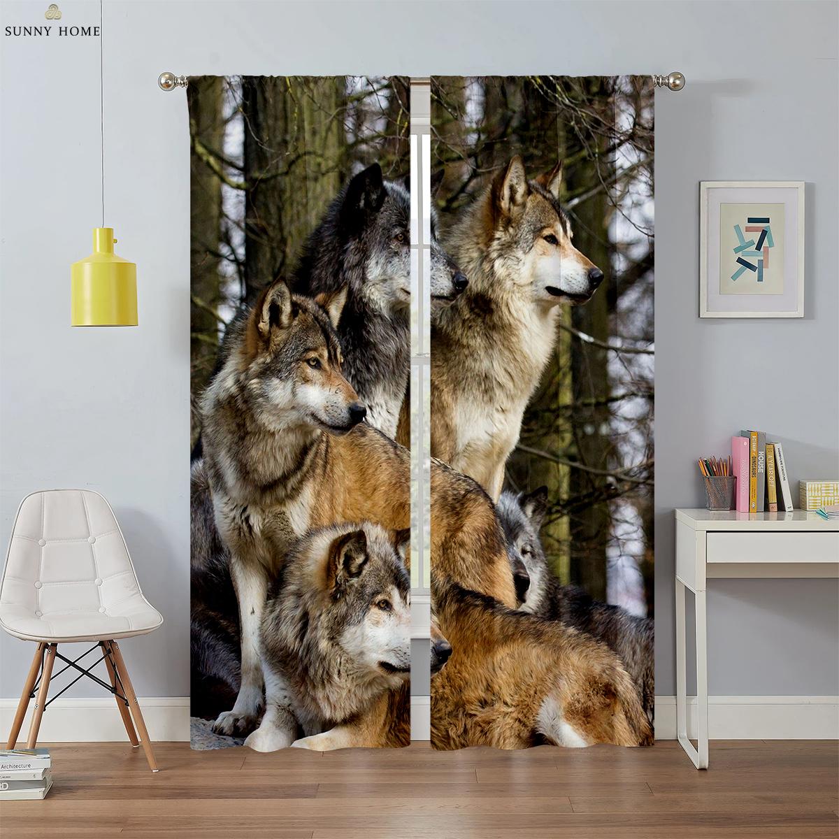Dromerig Sterrenhemel Wolf Patroon Printgordijnen Kinderkamer Woonruimte Buiten Decoratief Stukgordijnen Huis Decoratief Stuk Stangzak W50xH140(CM)x2PCS&Grommet Top
