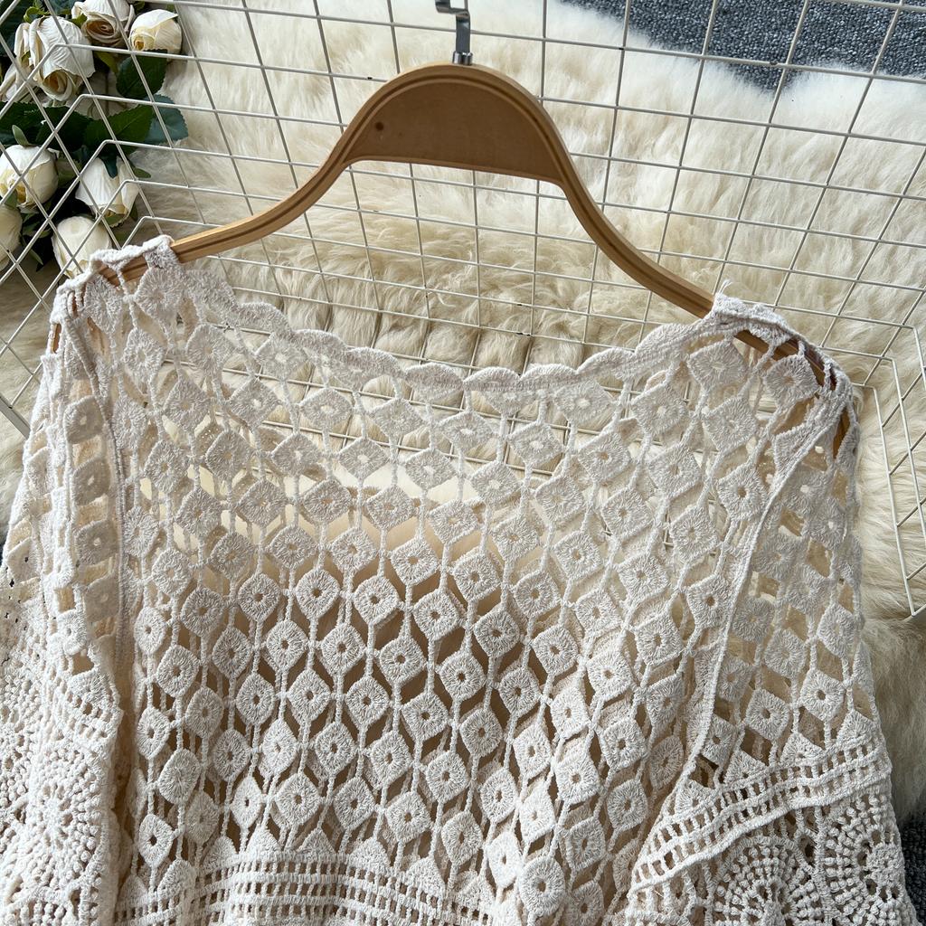 Dimanaf 2025 Nowa spódnica garniturowa damska dzianinowa plaża krótki rękaw koronka Hollow Out seksowna O-Neck Hollow letni styl topy koszulki luźne podstawowe