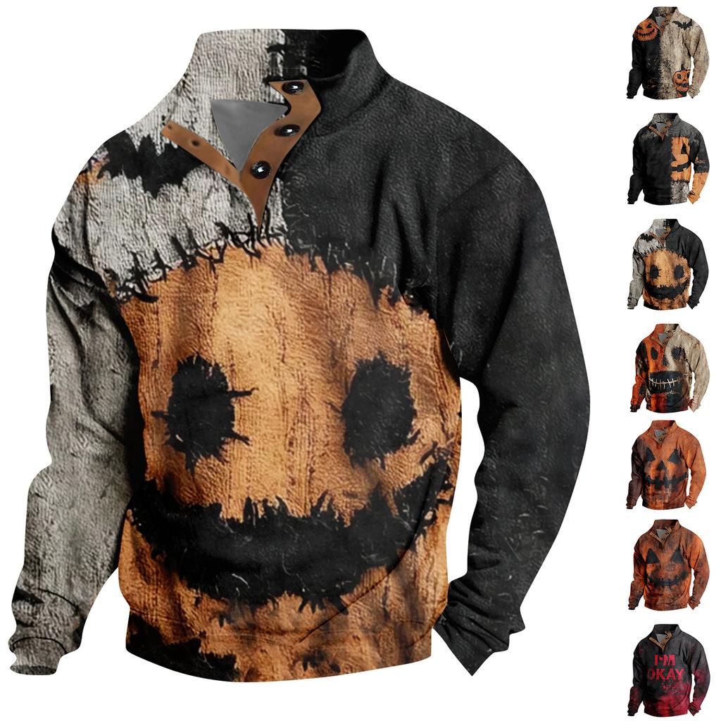 Men's Casual Fashion Christmas Printed Hoodless Sweatshirt Wide Men's Loose Button Stand Collar Hooded Sweatshirt