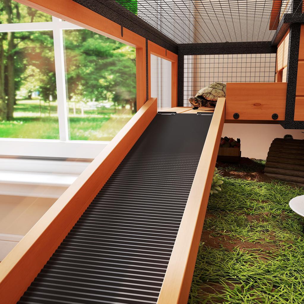 Wooden Tortoise House with Stand Legs, Clear Observation Windows, Ramps, Openable Top, Built-in Tray, Yellow