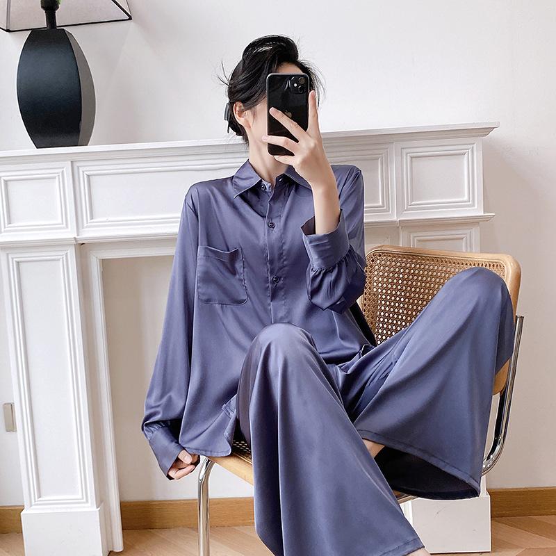 1011 new pajamas women's spring and autumn ice silk long-sleeved large-size suit summer solid color high-end wide-leg pants loungewear