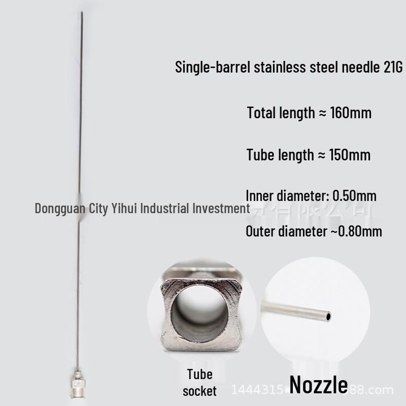 Stainless Steel Dispensing Syringe: 160mm Total Length, 150mm Tube, Pointed Tip, Flat Opening