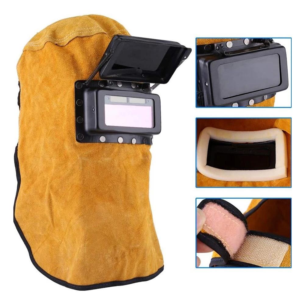 Solar-Powered, Auto-Darkening Filter Lens Welder's Leather Welding Helmet With Hood And Heat-Resistant, Breathable Lens