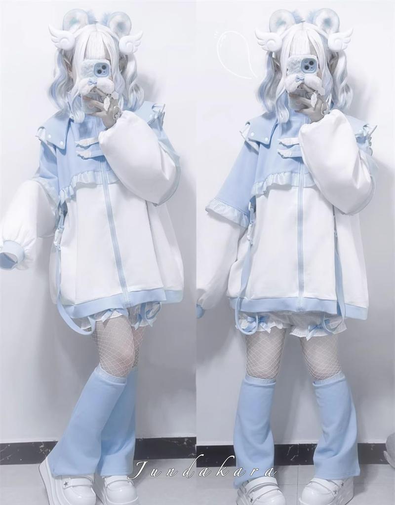 Jundakara Light Blue Long Subculture Angel Sickly Color Loose Size M Women's Hoodie, Sleeve, Style, Wings, Hooded, Ruffles, Angelic, Cute, Block,