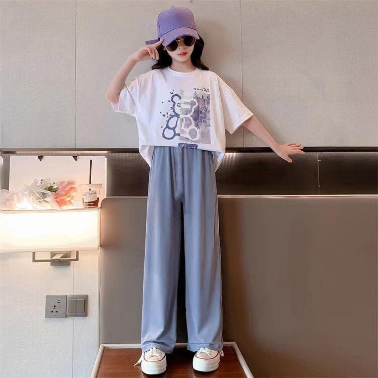 summer spring Teenager Clothes Children Set loose bear short white T-shirt + straight Pant Suit tracksuit 5 to 12 year