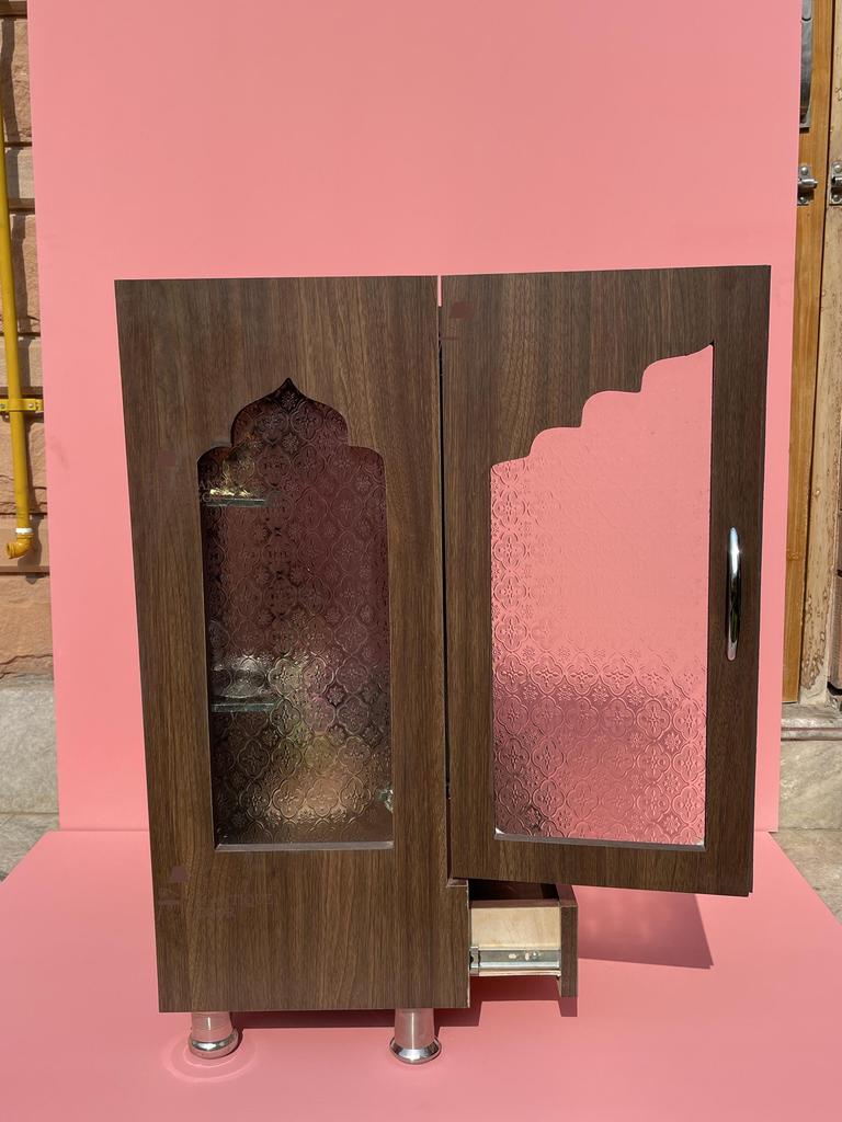 Wooden Pooja Mandir | Handicrafted Home Temple | Indian Prayer Altar with Doors | Wall With Glass Pooja Cabinet | Traditional Hindu Mandir