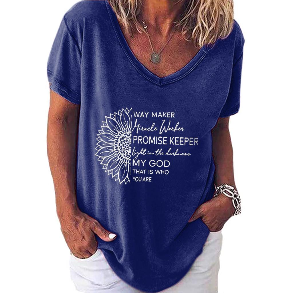 Womens Casual V Neck T-shirt Short Sleeve Letter Print Blouse Tops