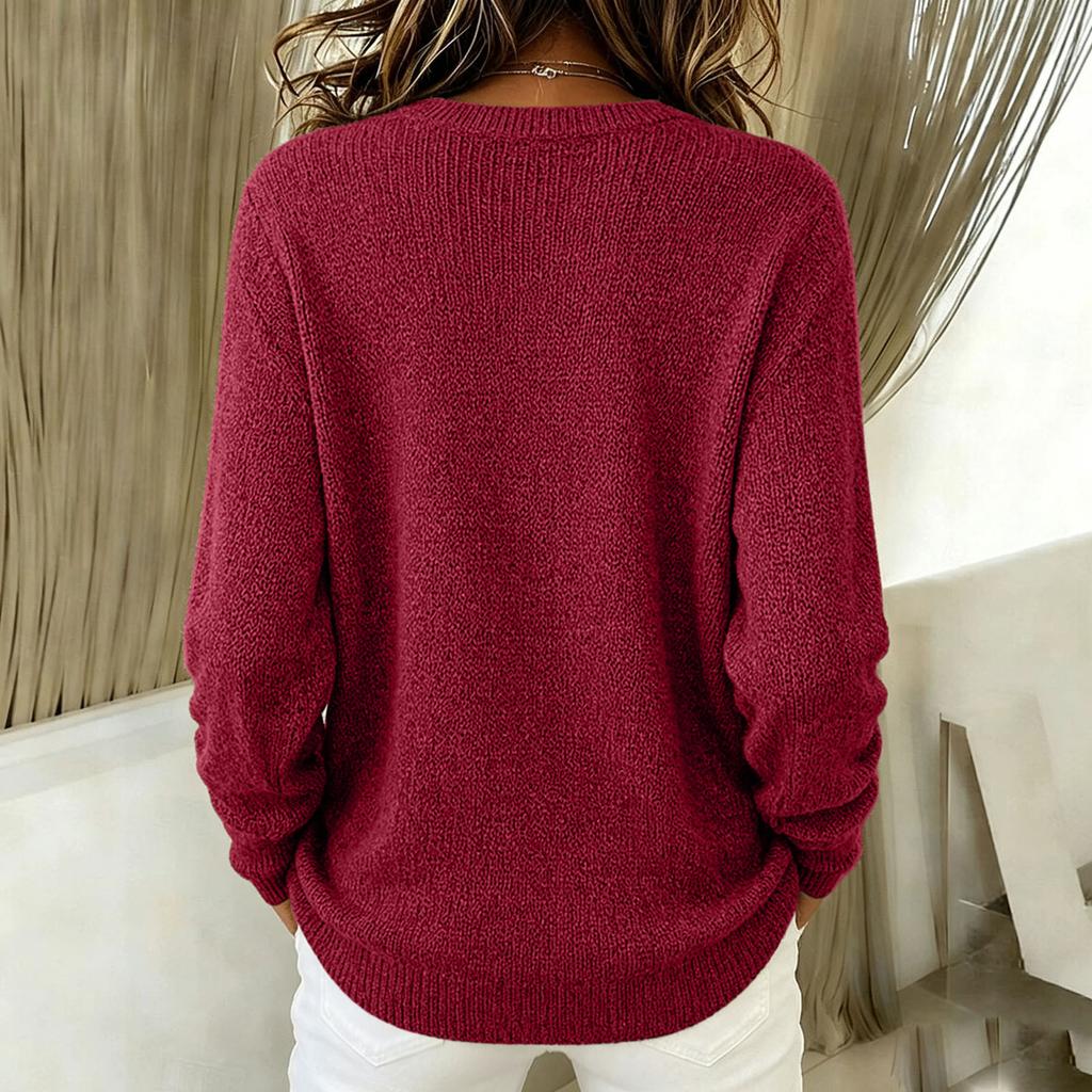 Women's V-Neck Long Sleeve Knit Sweater Casual Color Pullover Top