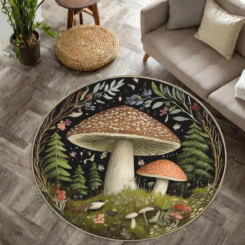 

Enchanting Mushroom Round Floor Mat - Big Mushrooms & Lush Foliage on Dark Blue, Soft & Non-Slip, Magical Room Decor Diameter 60cm