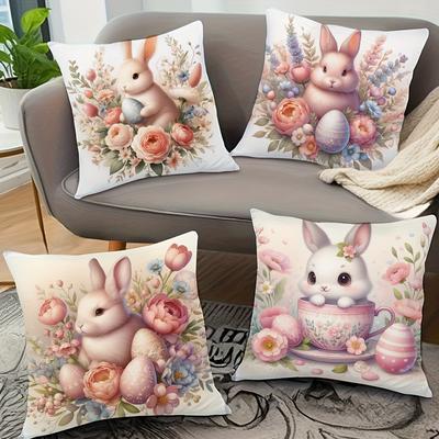 Easter Floral Bunny Print Pillowcase Nordic Home Decor Pillowcase Holiday Bedroom Living Room Decoration Polyester Cushion Cover