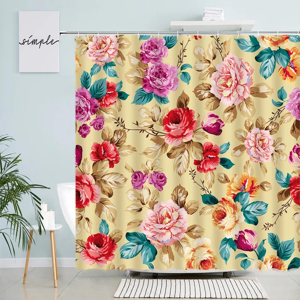 Floral Shower Curtains Pink Red Flowers Leaves Creative Design Printed Fabric Bath Curtain Modern Bathroom Decor Sets with Hooks