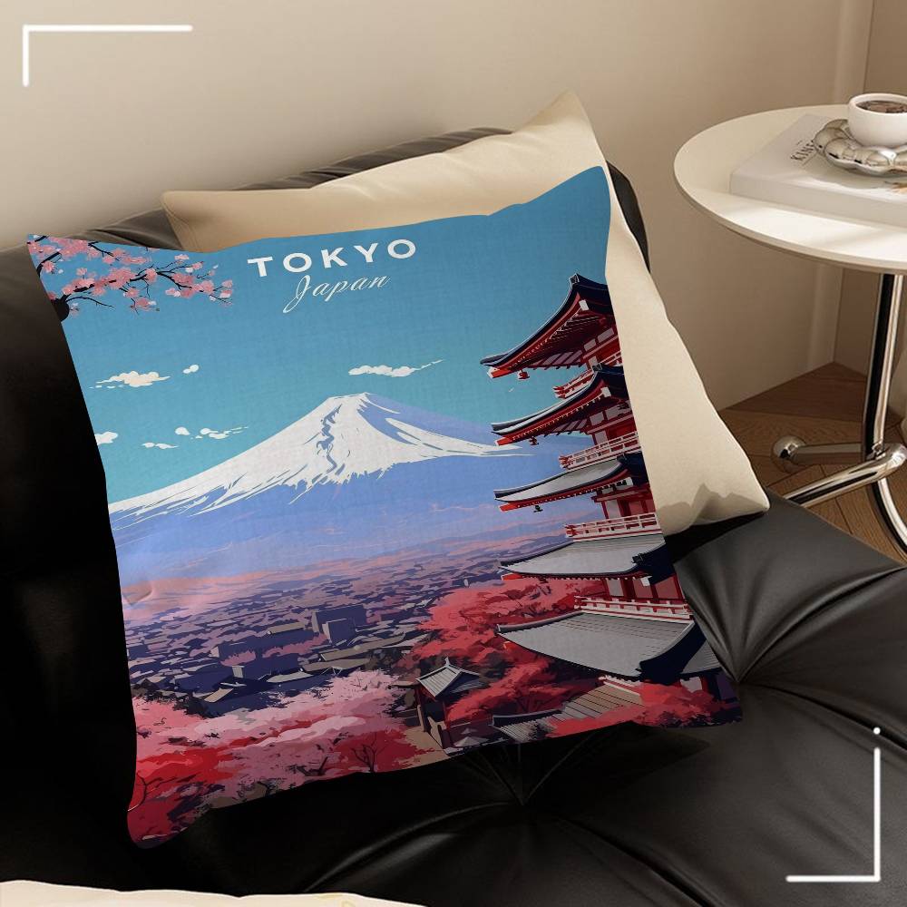 Vintage Japan Tokyo Japanese City Landscape Canvas Cushion Cover Pillow Cover Decor Pillowcase Printed Cushion Case For Couch