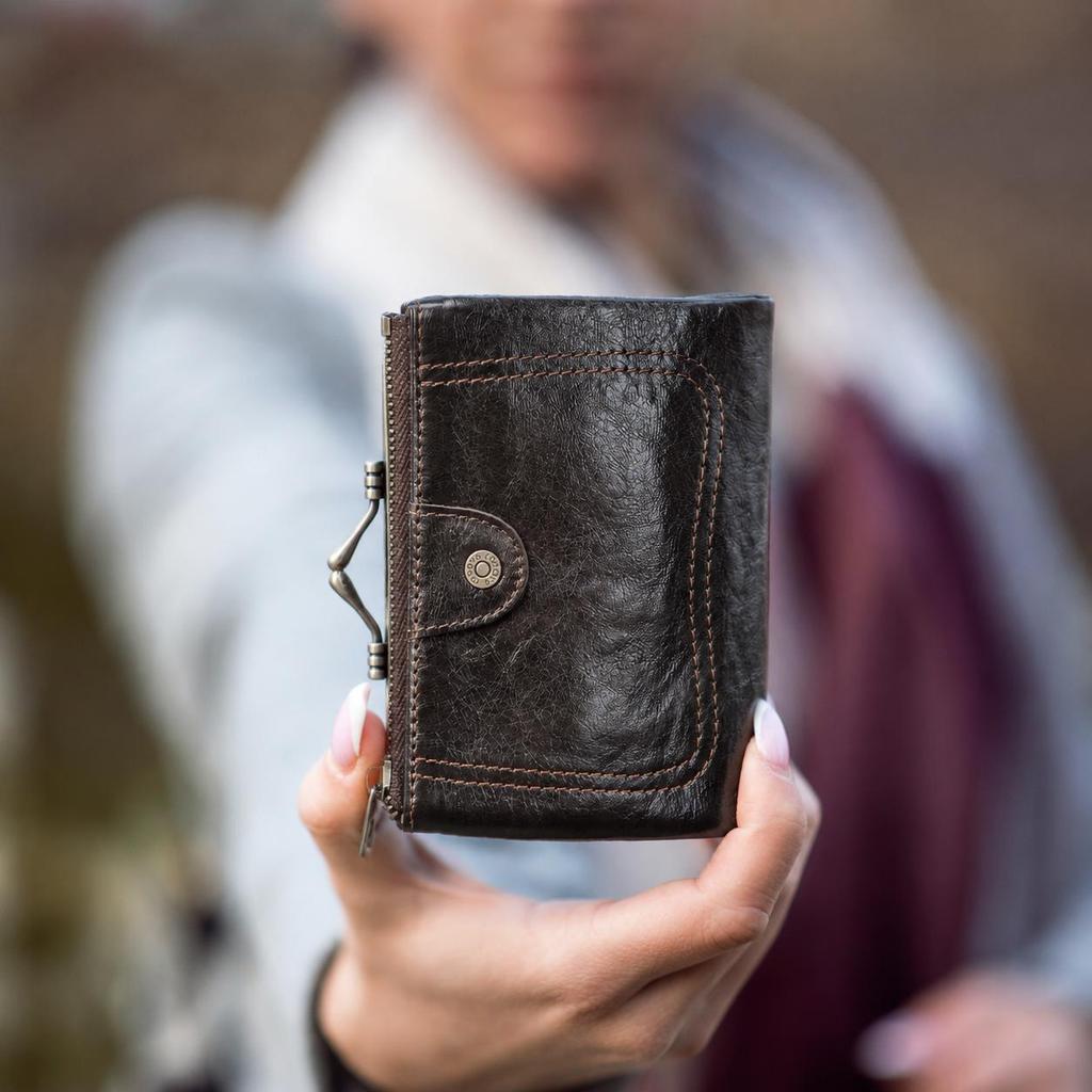 CONTACTS Cartera de Cuero Genuino para Mujer con Cierre de Beso Billetera Pequeña de Metal para Monedas Cierre de Broche y Cremallera Bolsillo para Monedas Portatarjetas de Crédito RFID Mini Cartera