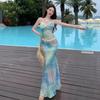 There are chest pads, adjustable shoulder straps, pure desire two-piece set, women's Thailand Sanya seaside vacation style lace splicing dress