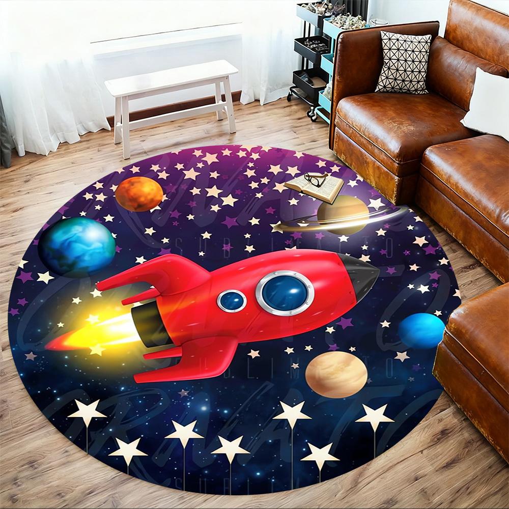 1pc Rocket Galaxy Round Chair mat Area Rug - Non-Slip, Floor Mat for Office, Bedroom, home decor Christmas Gift p0811130