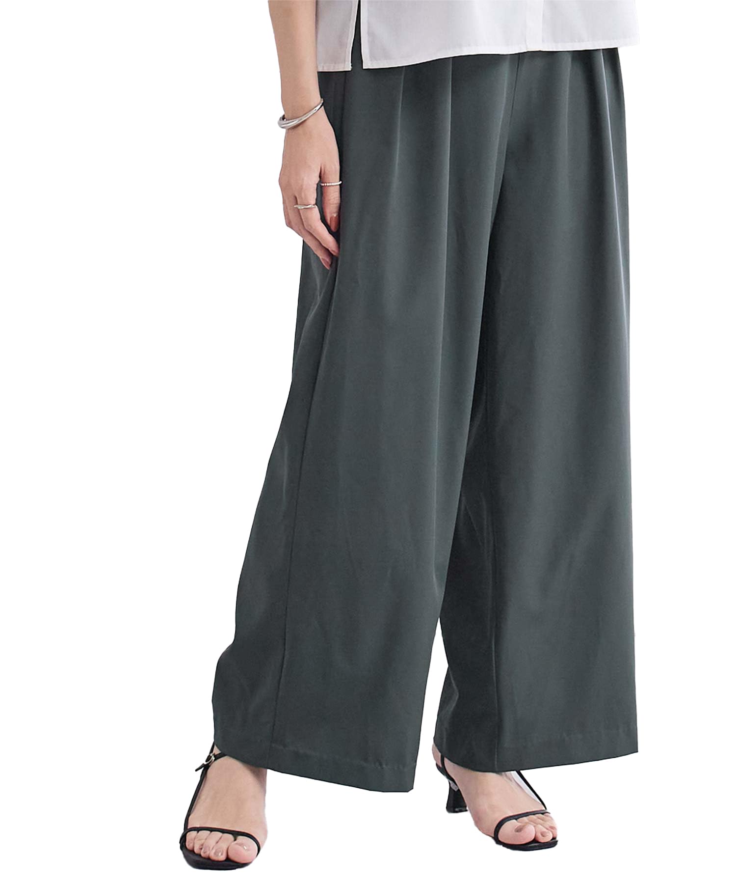 

elastic waist wide pants BFXT0309 S Charcoal [Yours] Water-repellent two-pleat Women s