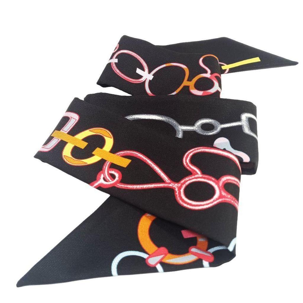 Used Hermes Twilly 2023SS Drebuckle Black Rose Multicolor Silk Scarf Ribbon Scarf